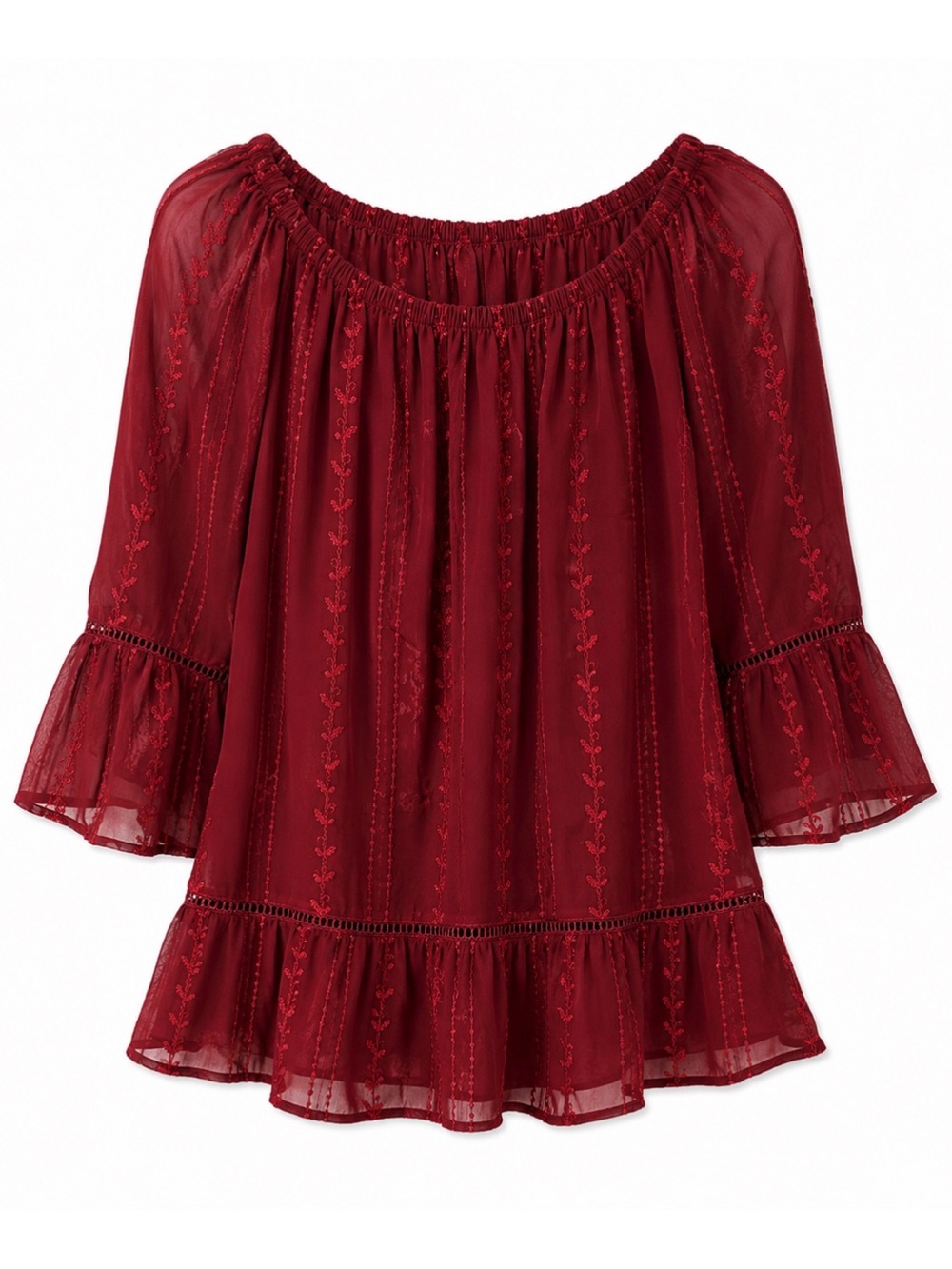 Fever Red Sheer Quarter Ruffle Sleeve Boho Blouse Womens Size 1X
